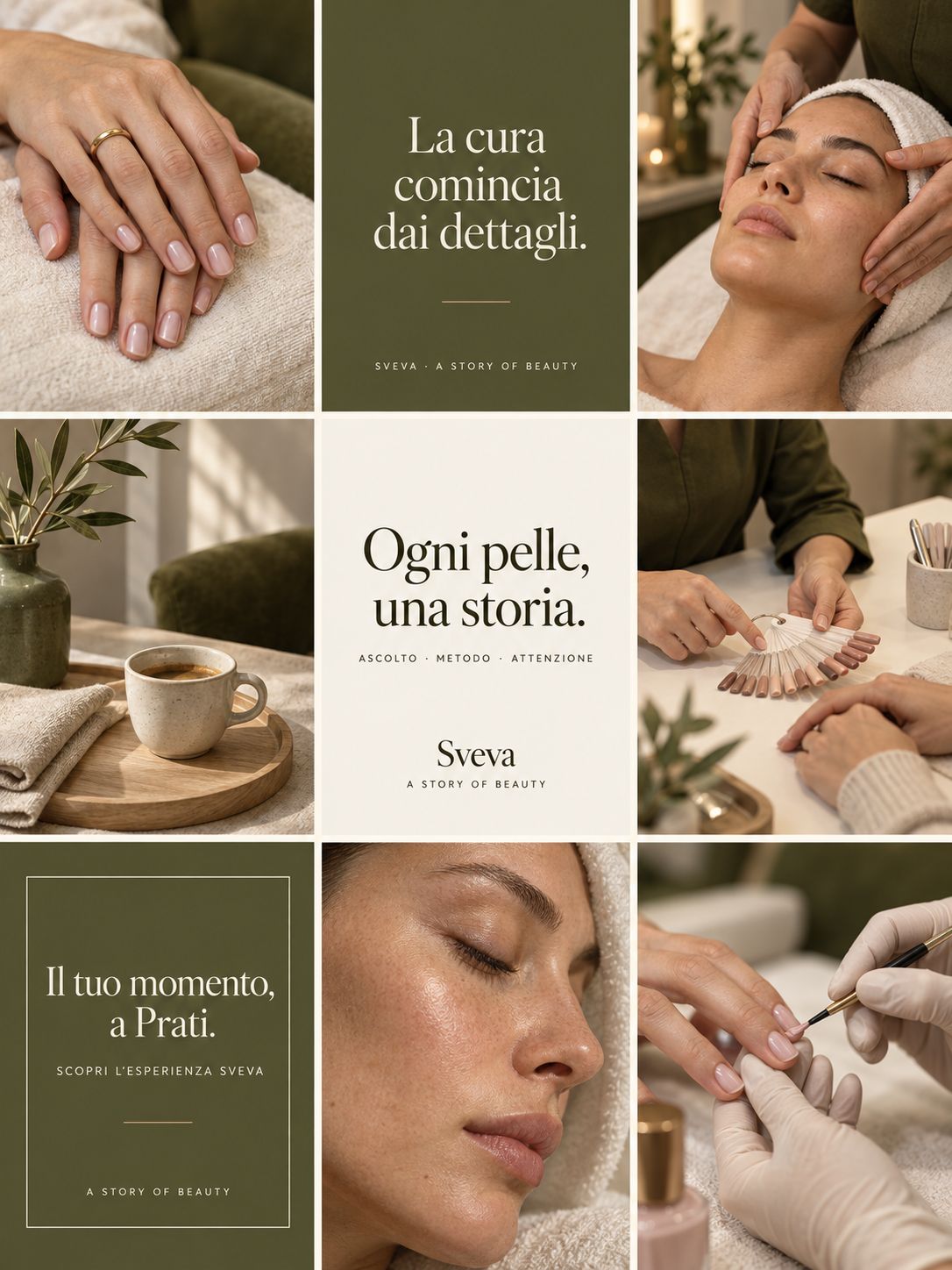 Mockup di feed Instagram in nove riquadri: manicure, trattamenti viso, accoglienza del centro e tre cover tipografiche verde oliva e avorio