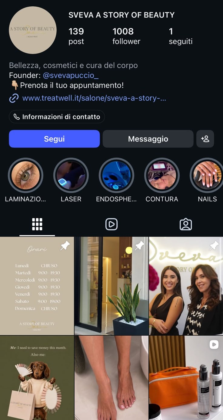 Profilo e highlights — screenshot del profilo Instagram di Sveva a Story of Beauty